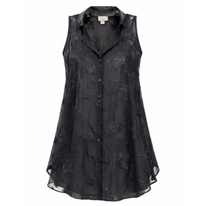 L.A. Intimates Blouse Womens Medium Black Sheer Floral Heart Button Up
